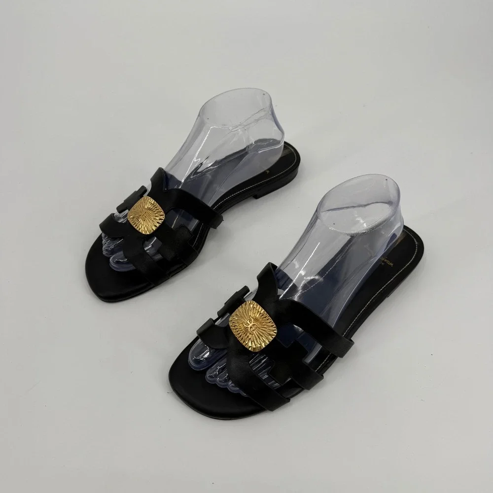 Sam Edelman Bay Radiant Black Leather Gold Medallion Slide Sandals 9.5M